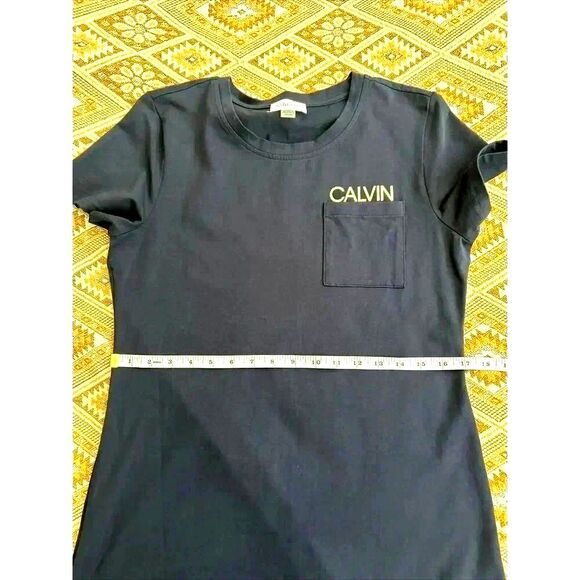 Calvin Klein Navy Blue T-shirt Dress Pocket Metallic Logo Cotton Knee Length M - Picture 8 of 9